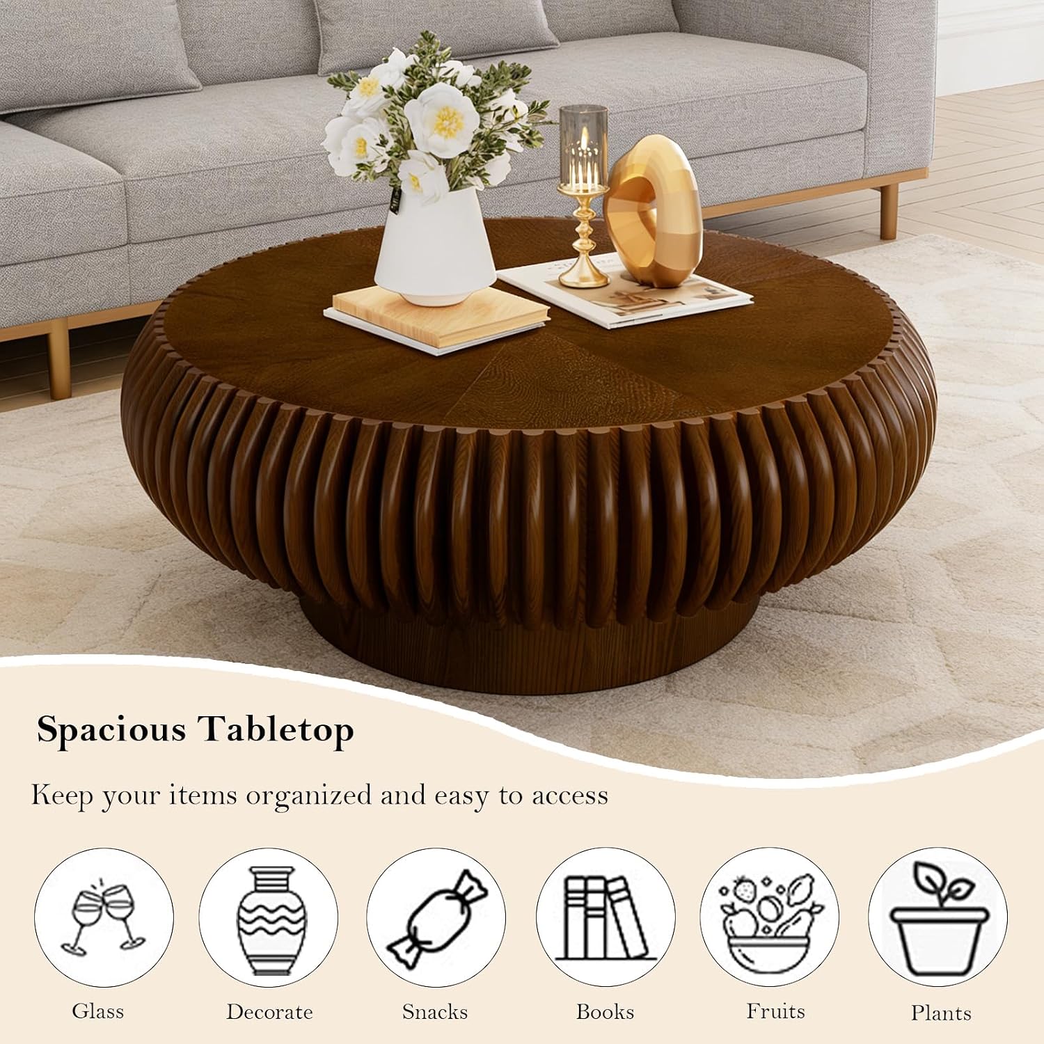 31.49' Round Fluted Coffee Table Unique Contemporary Wood Low Circle Drum Tea Tables with Sturdy Pedestal for Small Space (I Walnut 31.49in)