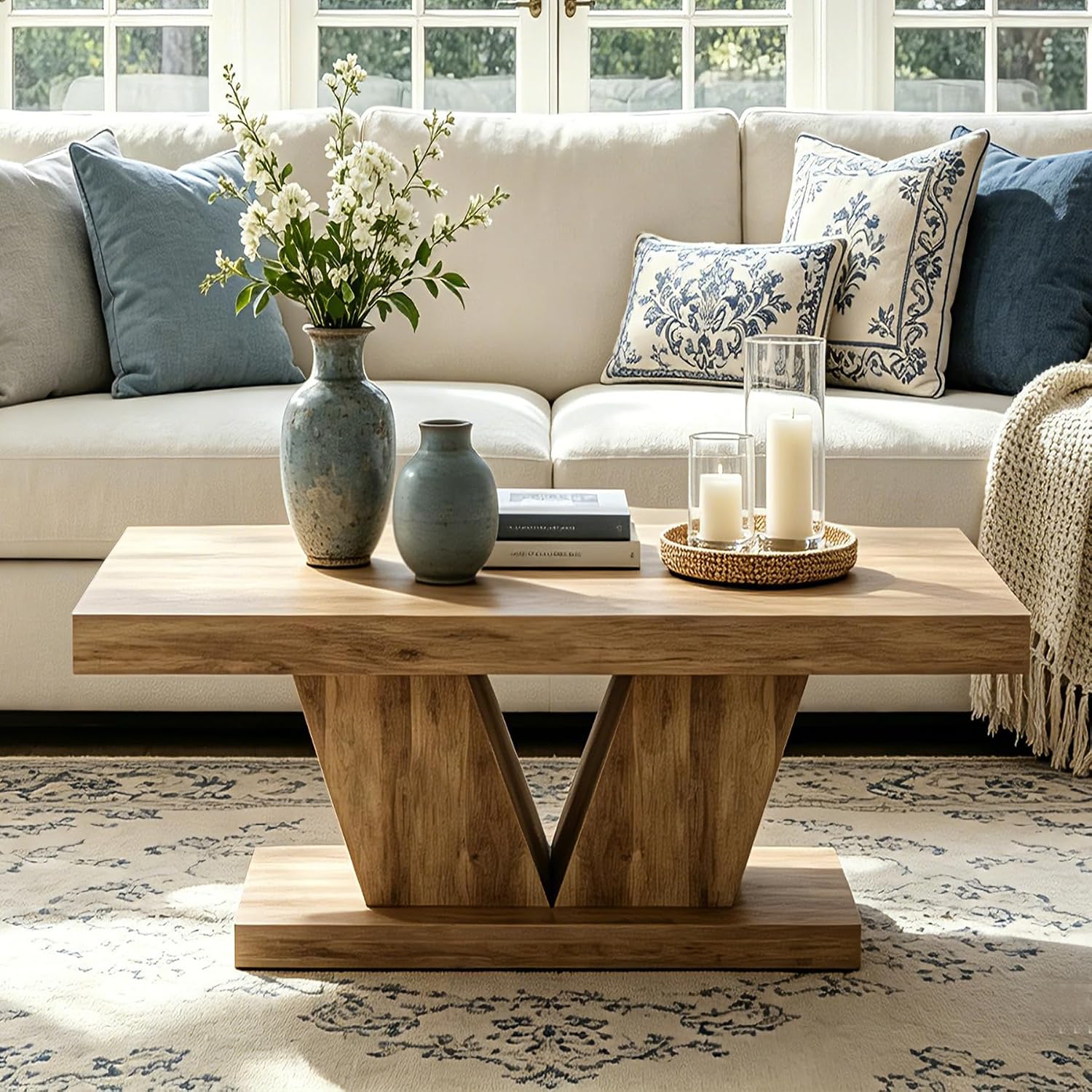Tribesigns Farmhouse Rectangular Coffee Table, 47.2' Mid-Century Wooden Center Table with Thick Sculptural Base, Modern Rustic Accent Furniture for Living Room, Rustic Brown