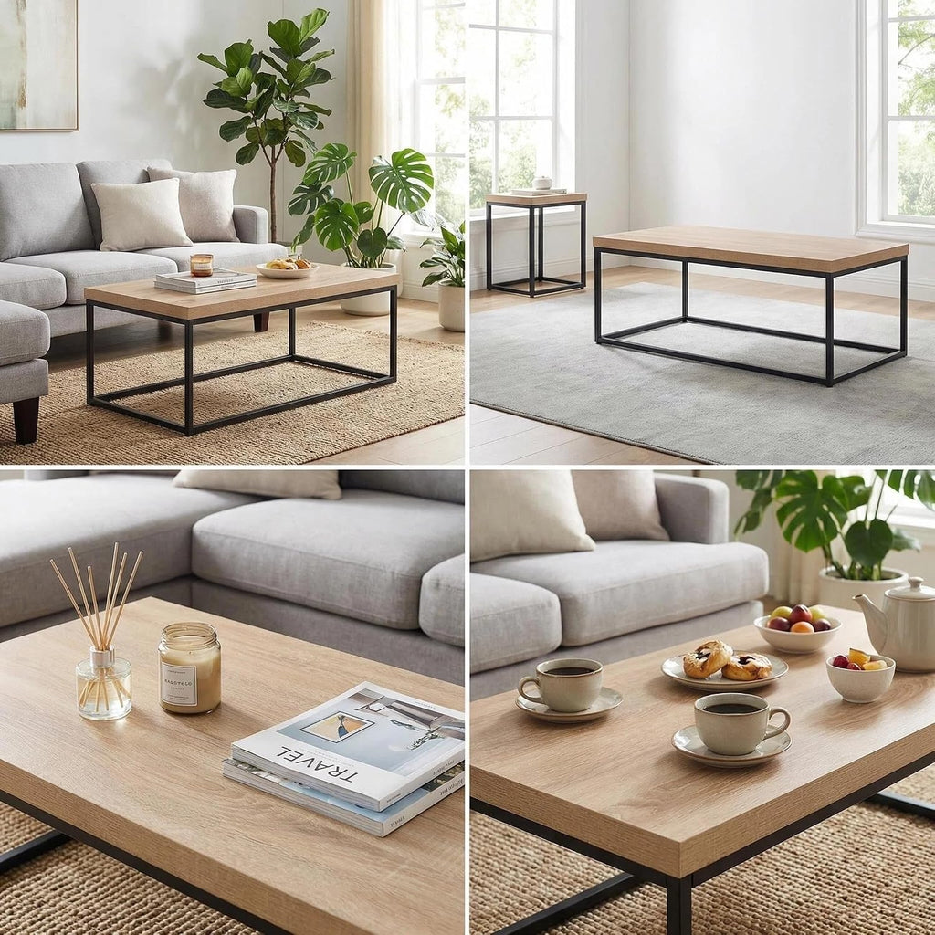 CENSI 47-Inch Natural Oak Coffee Table for Living Room, Modern Industrial Rectangular Wood and Metal Center Table with Extra Thick Tabletop (Natural Wood)