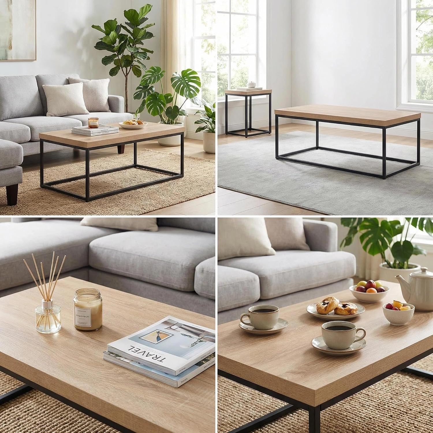CENSI 47-Inch Natural Oak Coffee Table for Living Room, Modern Industrial Rectangular Wood and Metal Center Table with Extra Thick Tabletop (Natural Wood)