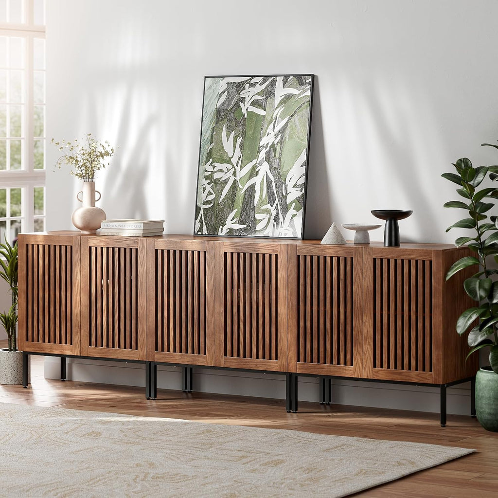 BVIUNTWO Buffet Cabinet with Storage,Set of 3 Farmhouse Console Table with Metal Base and Adjustable Shelves,Sideboard Coffee Bar Cabinet with 6 Doors for Kitchen,Dining Room,Living Room,Brown