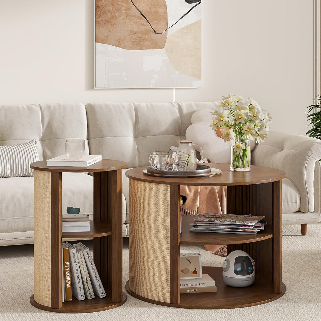 Walnut Round Coffee Table Set of 3, 2-Tier Boho Mid Century Modern Wooden Circle Center Coffee Table and End Table Sets with Adjustable Shelf, Sackcloth Finish, Farmhouse, for Living Room