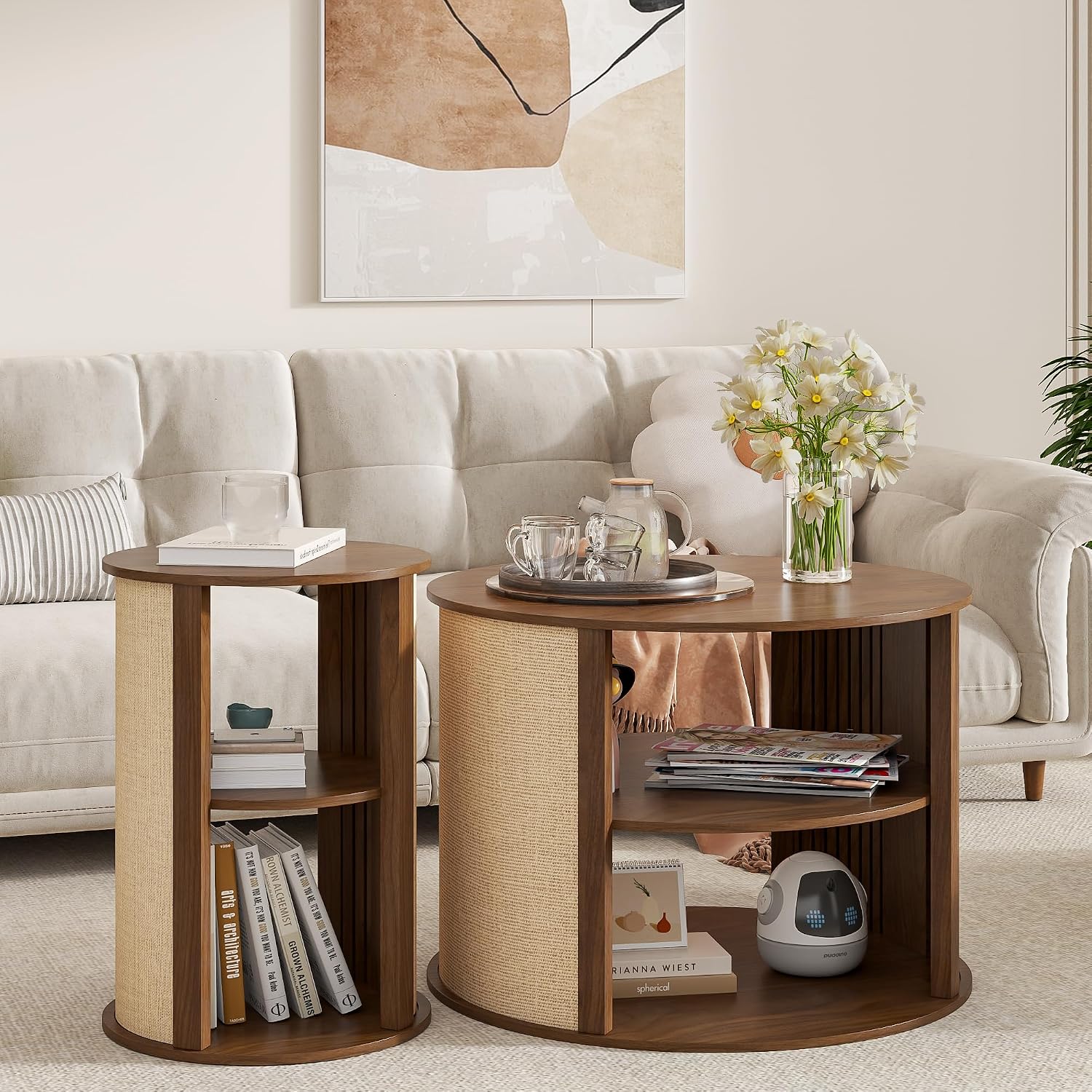 Walnut Round Coffee Table Set of 3, 2-Tier Boho Mid Century Modern Wooden Circle Center Coffee Table and End Table Sets with Adjustable Shelf, Sackcloth Finish, Farmhouse, for Living Room