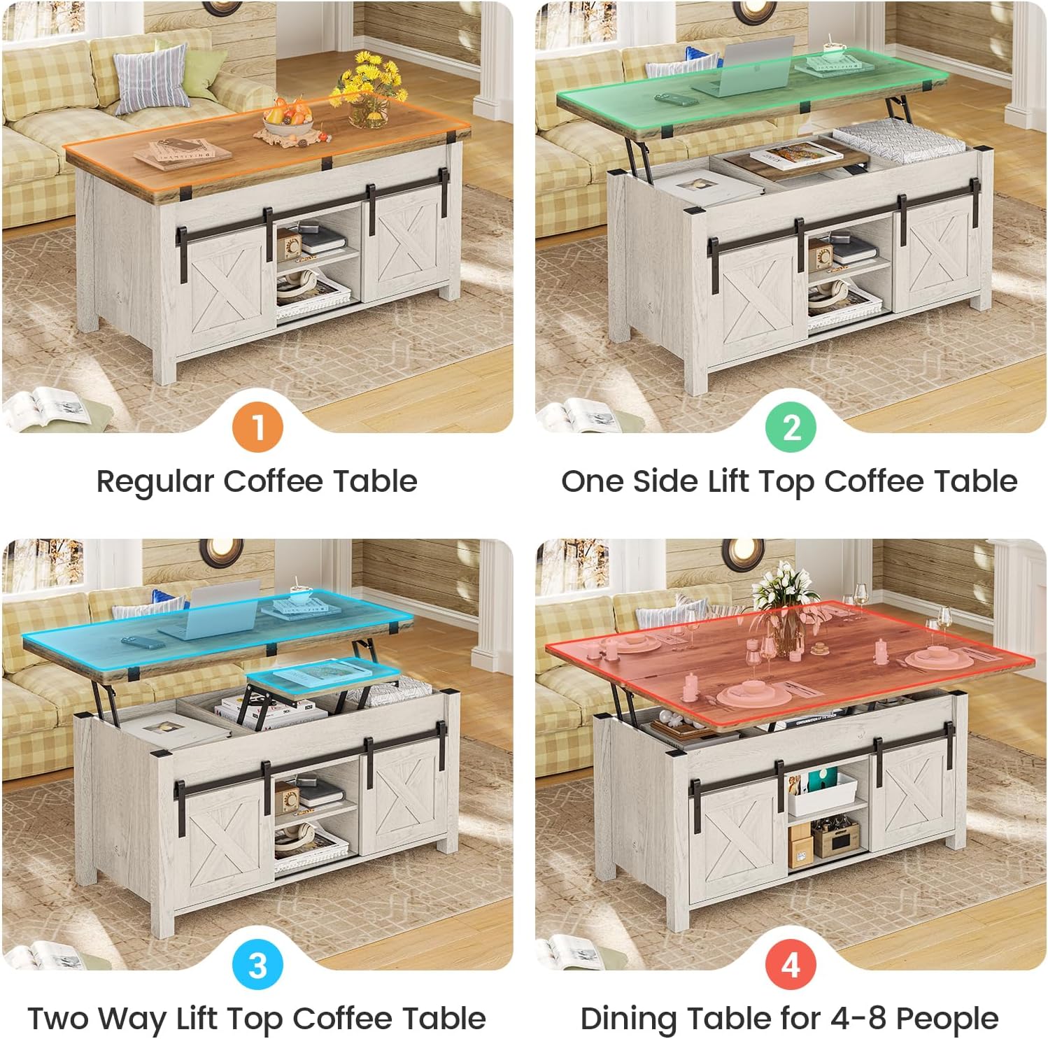 SEDETA Lift Top Coffee Table, 4 in 1 Multi-Function Convertible Coffee Tables with Storage and Hidden Compartment, Farmhouse Coffee Table Converts to Dining Table for Living Room, Brown Top