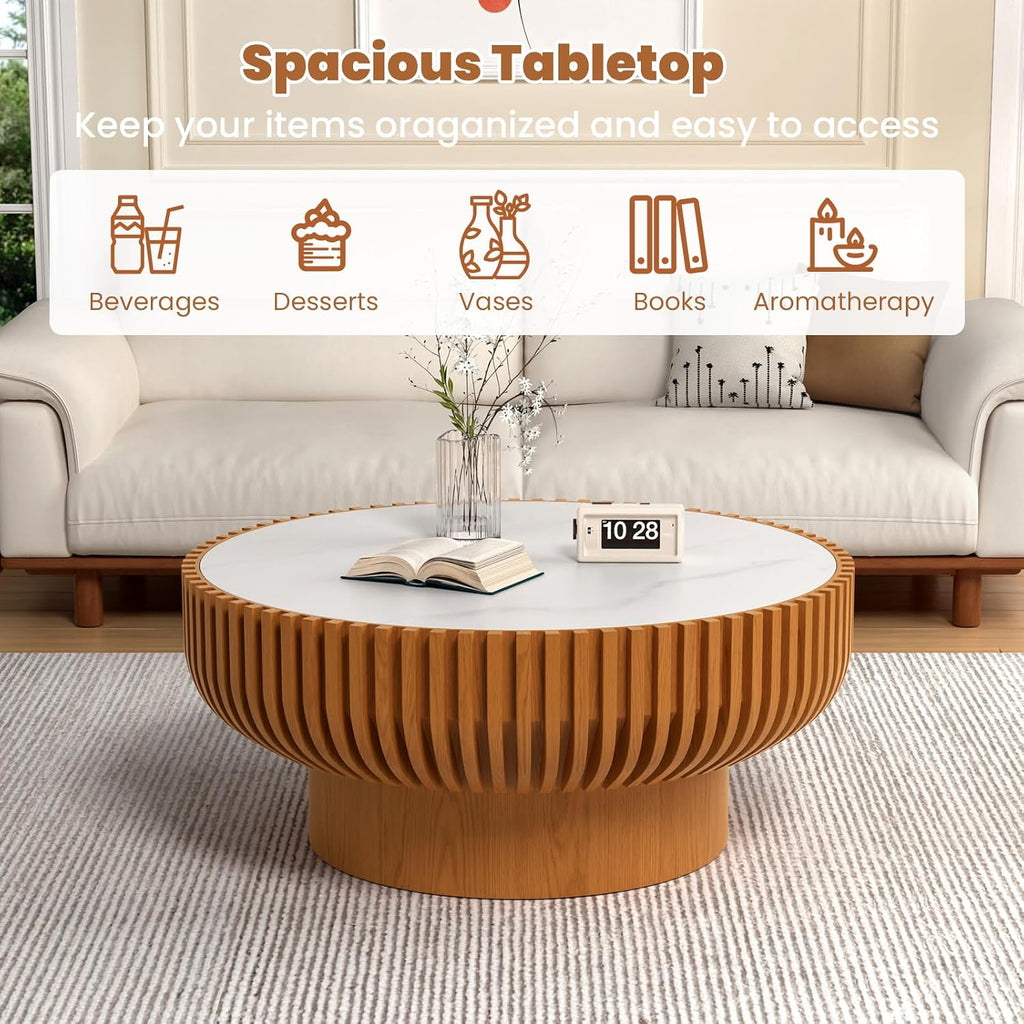 31.5' Round Coffee Table with Sintered Stone Tabletop, Modern Drum Fluted Center Table with Pine Wood Veneered, Unique Circle Wood Coffee Table for Living Room (Brown, 31.5' Sintered Stone Tabletop)