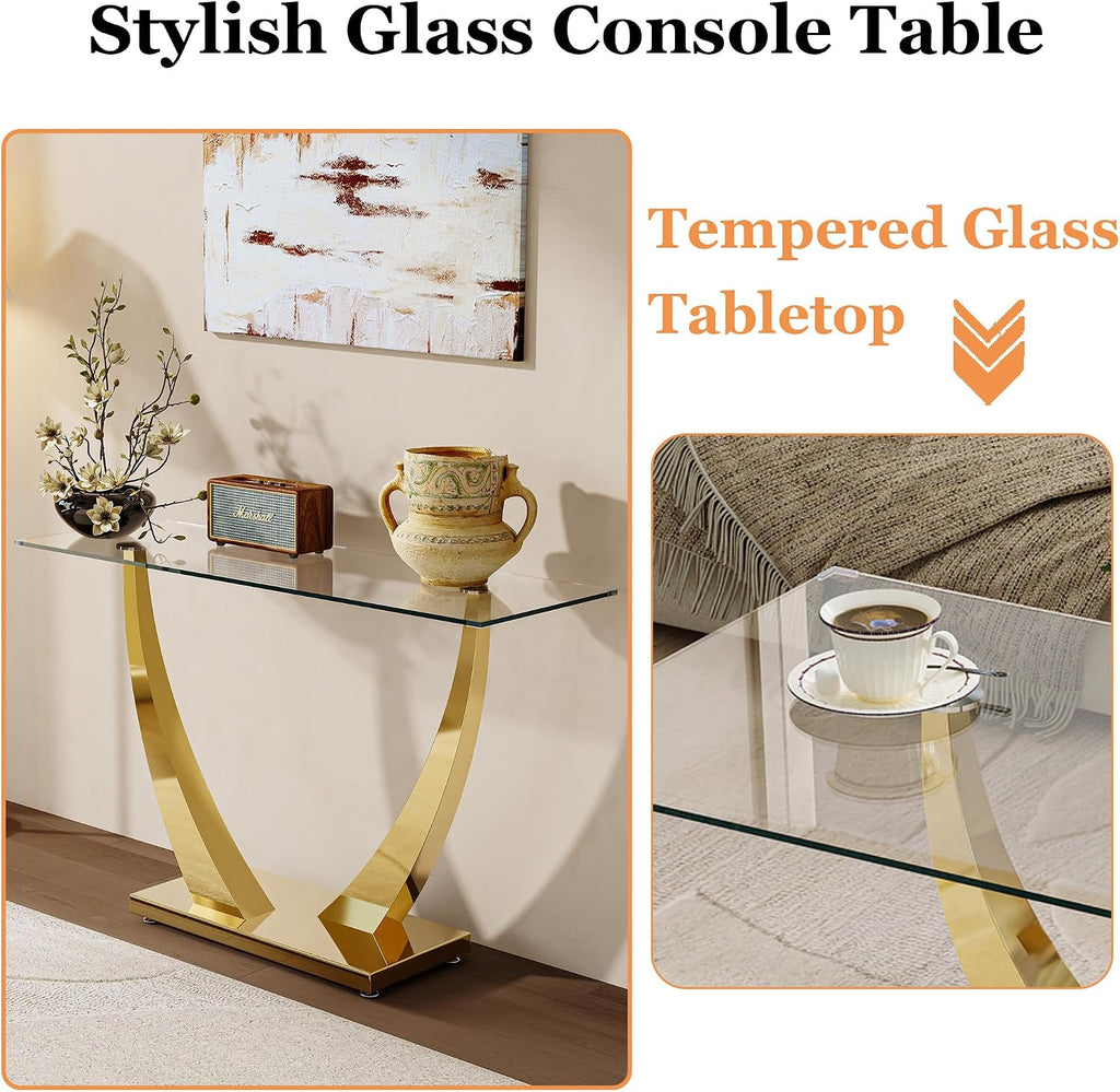 47' Glass Console Table, Modern Rectangular Sofa Table with Tempered Glass Top and Gold Horn-Shaped Stainless Steel Base for Living Room, Entryway, Hallway