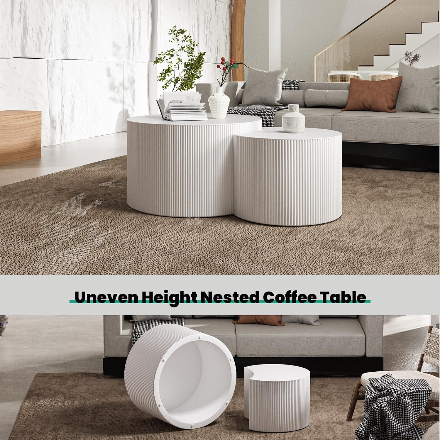 Round Coffee Table Set of 2 Modern Nesting Coffee Tables for Living Room Wave Stripe Round Coffee Table for Living Room Bedroom (B)