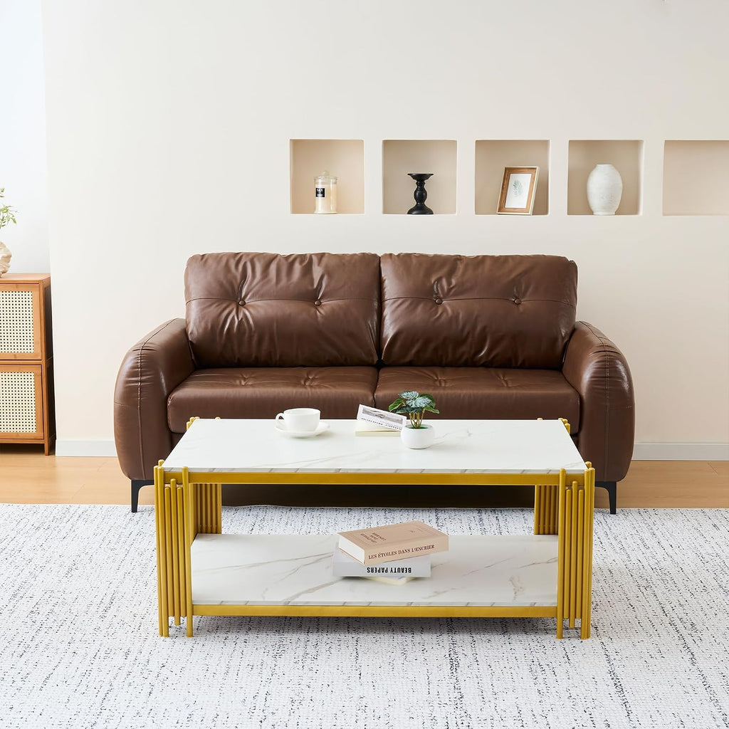 45'' Modern 2-Tiers Coffee Table with Golden Iron Frame, White Faux Marble Top, Rectangle Cocktail Center Table for Living Room Office, White and Gold Coffee Side Table for Apartment