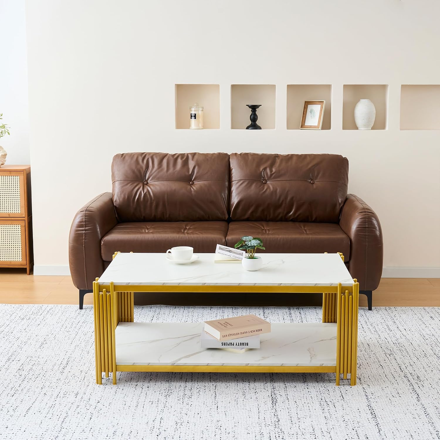 45'' Modern 2-Tiers Coffee Table with Golden Iron Frame, White Faux Marble Top, Rectangle Cocktail Center Table for Living Room Office, White and Gold Coffee Side Table for Apartment