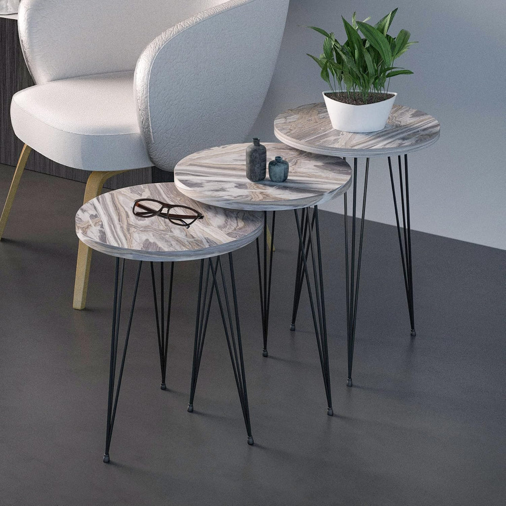 Set of 3 Grey Marble Nesting End Tables Round Wood Stacking Coffee Side Accent Table with Metal Legs for Living Room, Home Office, Nightstands for Bedroom