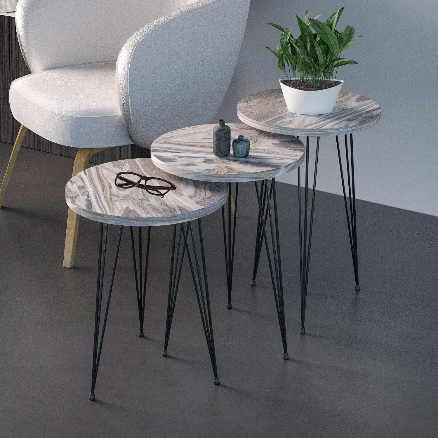 Set of 3 Grey Marble Nesting End Tables Round Wood Stacking Coffee Side Accent Table with Metal Legs for Living Room, Home Office, Nightstands for Bedroom