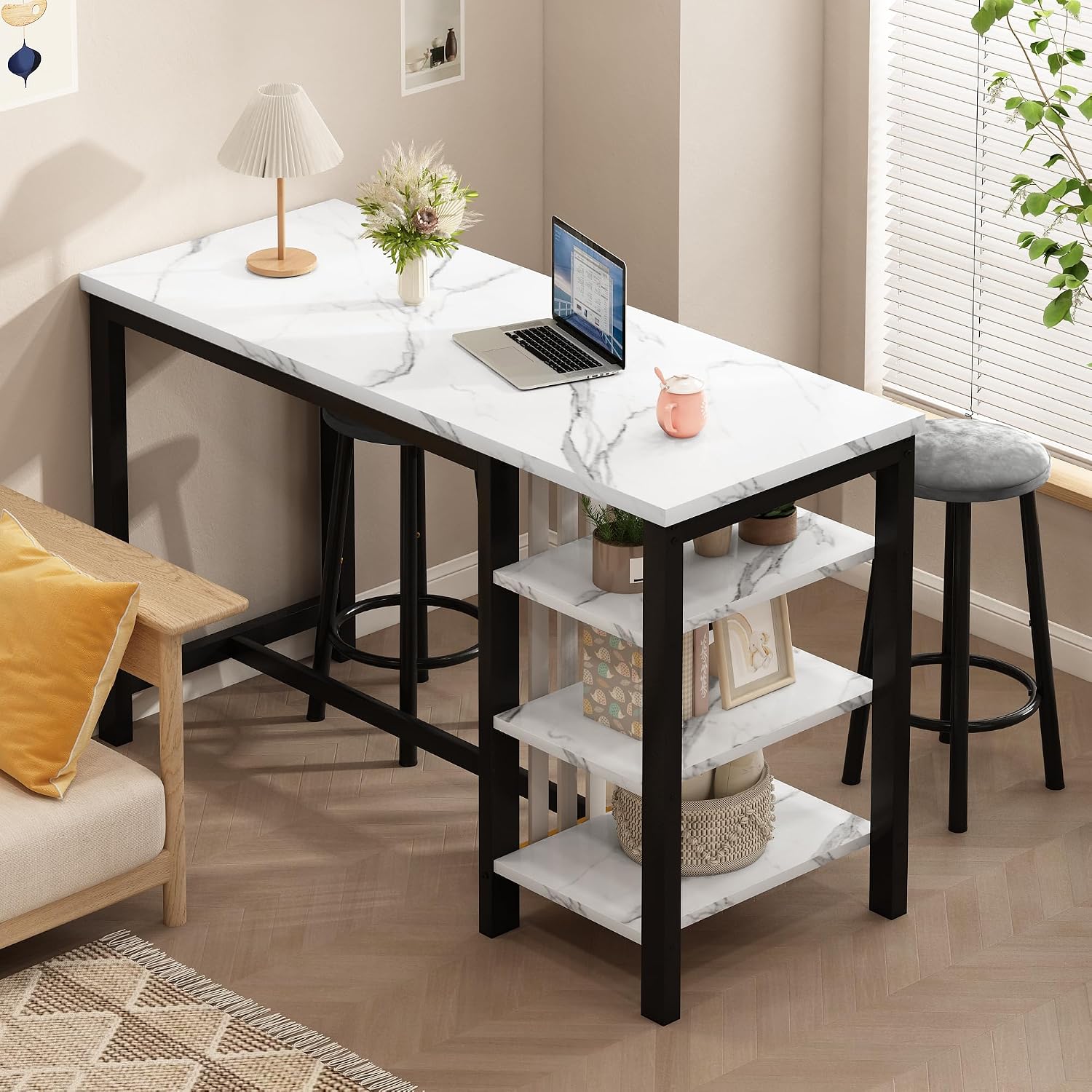 AWQM Bar Table Set with Storage Shelves, 47' Modern White Faux Marble Breakfast Table with 2 Velvet Stools, 3-Piece Dining Set for 2, Space Saving Table for Kitchen/Dining Room/Living Room/Studio