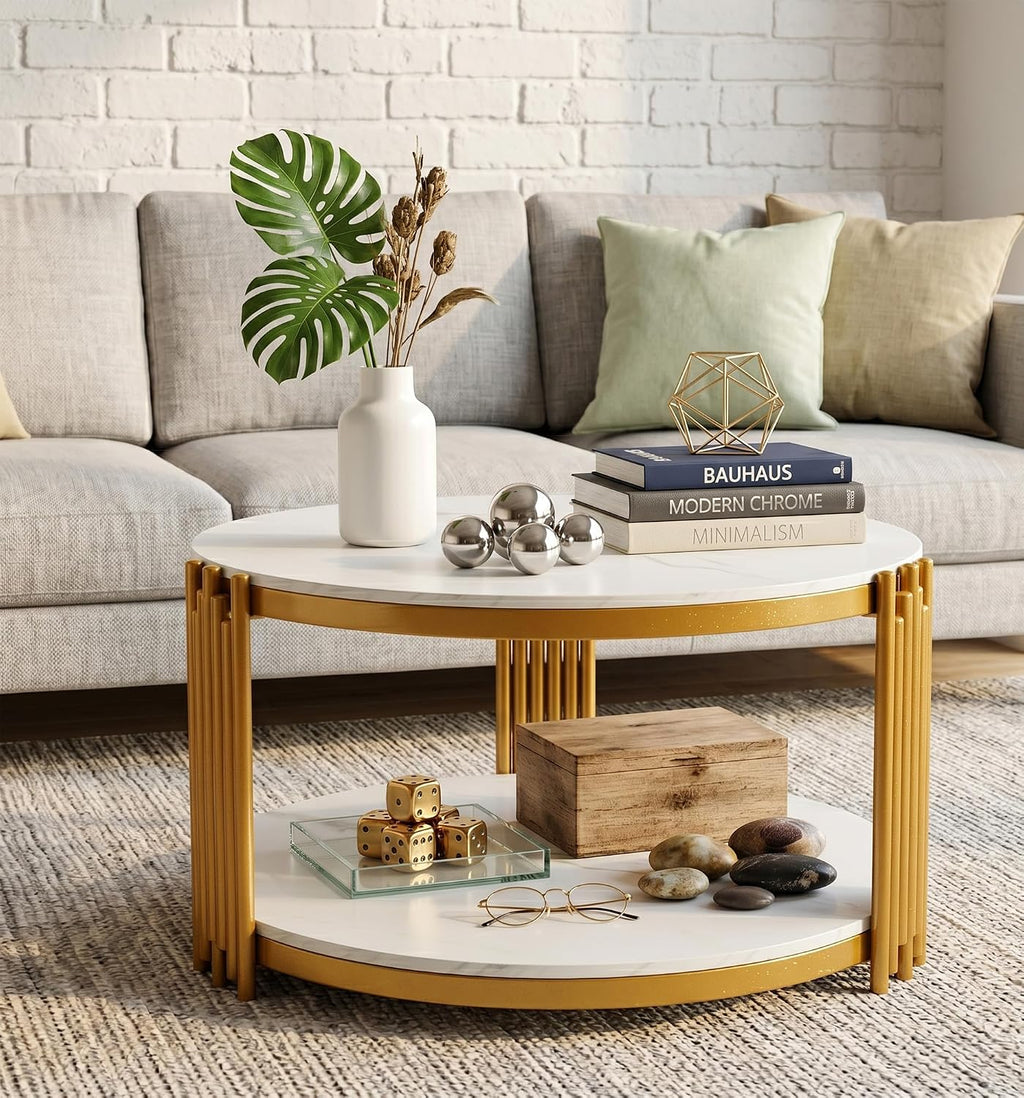 Round Marble Coffee Table Luxury 2-Tier Center Coffee Table with Gold Metal Frame Modern Living Room Table Elegant White Accent Cocktail Tea Table with Storage Shelves