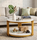 Round Marble Coffee Table Luxury 2-Tier Center Coffee Table with Gold Metal Frame Modern Living Room Table Elegant White Accent Cocktail Tea Table with Storage Shelves