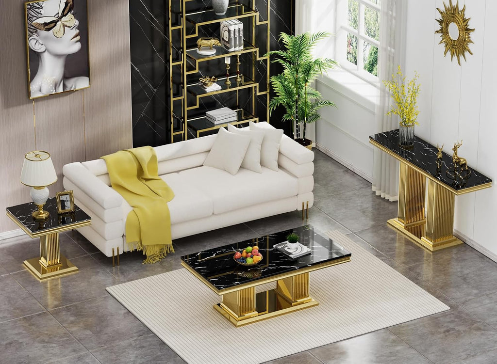 3 Pieces Coffee Table Set, Faux Marble Living Room Table Set of 3, Modern Coffee Table, Console Table and End Table with Column-Shaped Stainless Steel Base for Living Room Office (Black Gold)