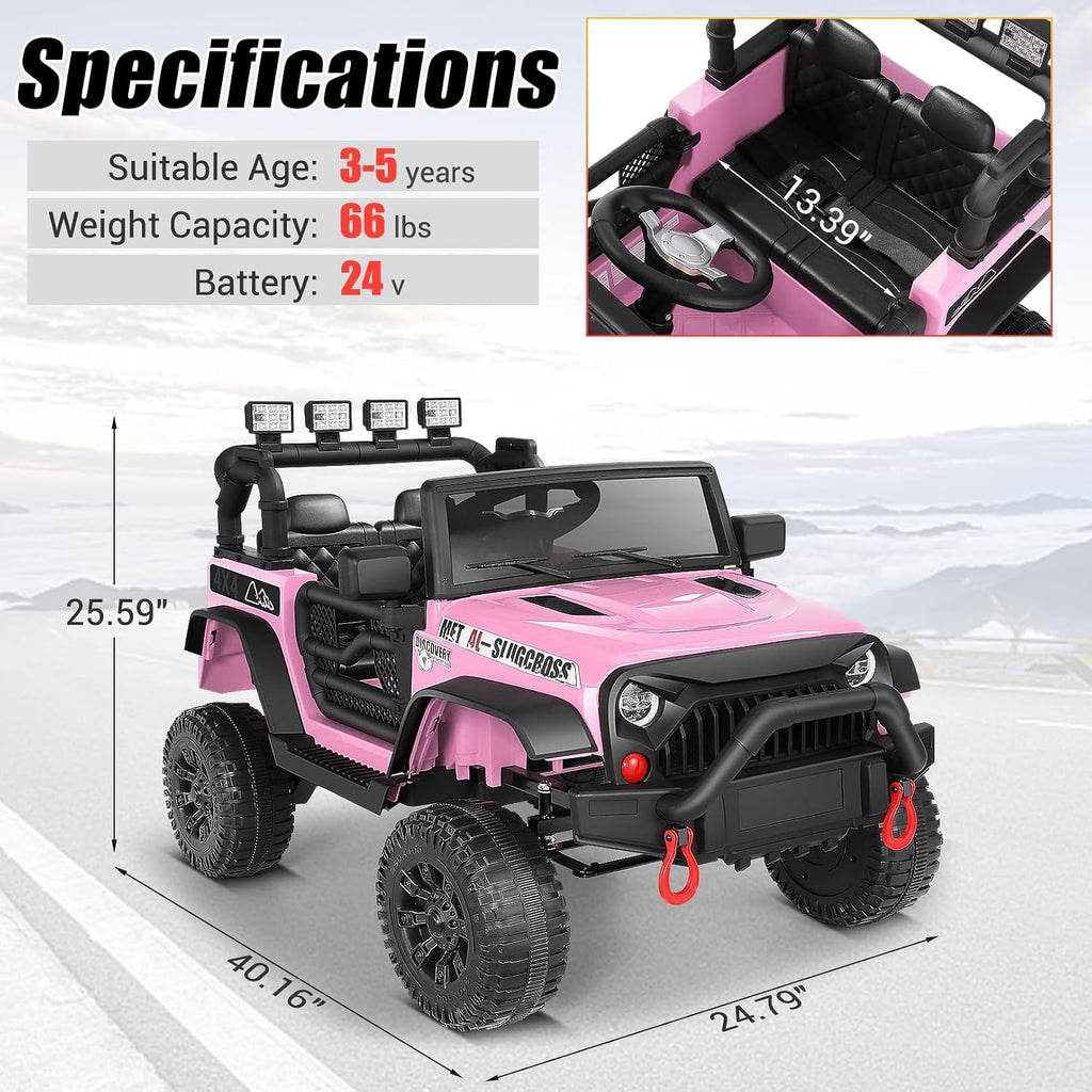 Hikole 24V Ride On Car with Parent Remote Control, Kids Electric Vehicle Car with Spring Suspension, LED Lights & Bluetooth Music Player, Battery Powered Wheels for Boys Girls 3-5, Pink