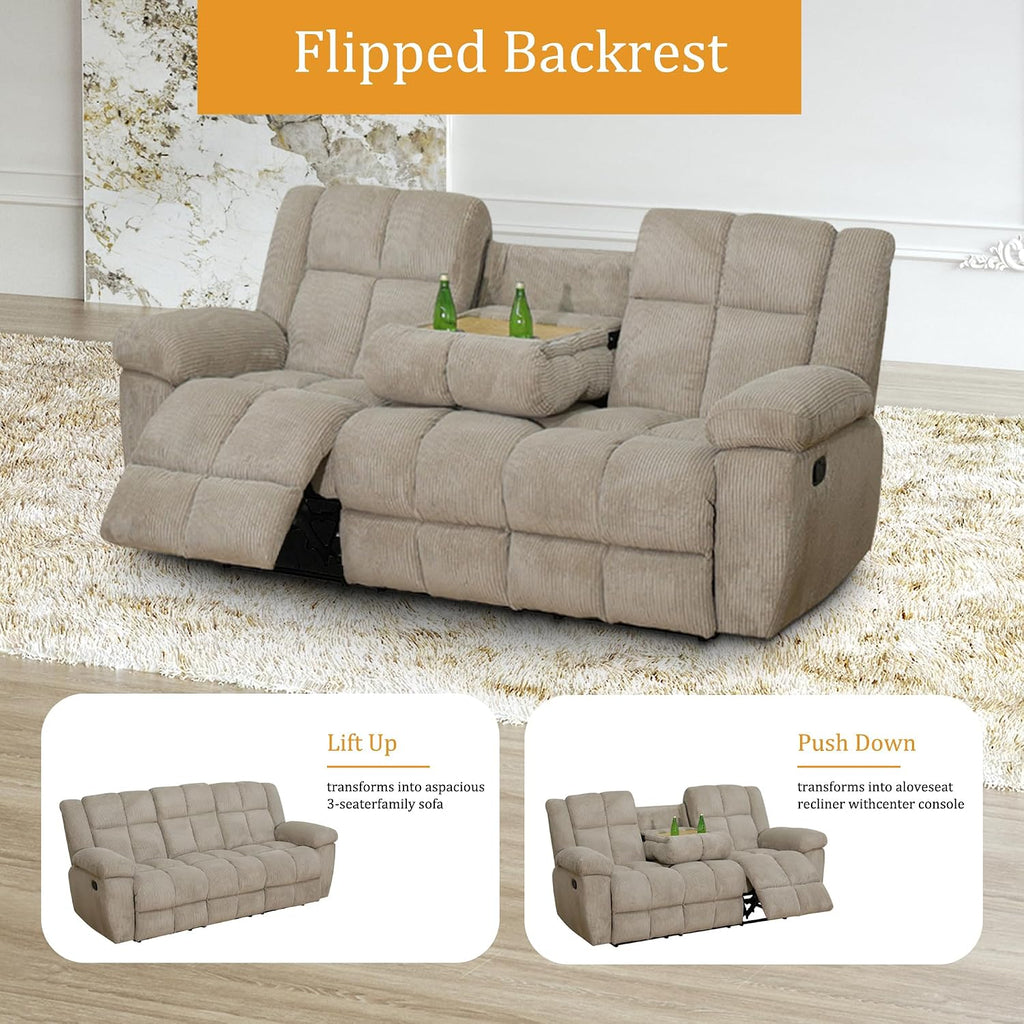 Corduroy Fabric Recliner Sofa Set, 3 Piece Living Room Furniture Set, Manual Reclining Couch Set for Home Theater with Cup Holders/Storage/Drop Down Table (Beige)