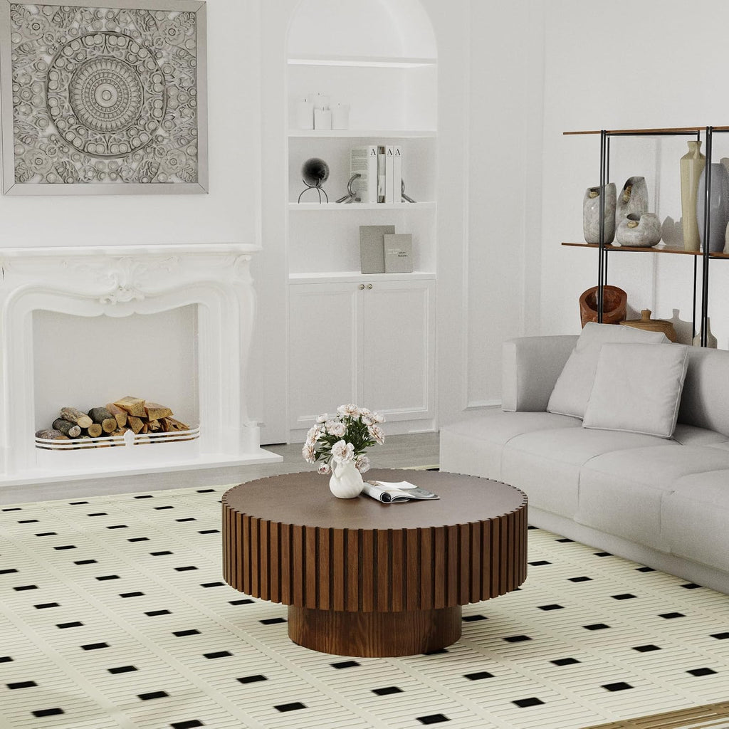 Round Fluted Coffee Table Round Drum Coffee Table for Living Room Modern Circular Pedestal Center Table (Circle Brown 31.5in)