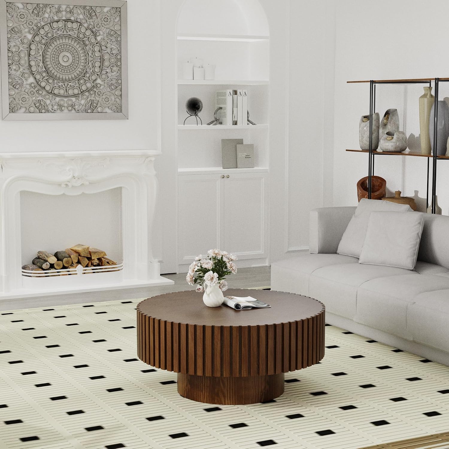 Round Fluted Coffee Table Round Drum Coffee Table for Living Room Modern Circular Pedestal Center Table (Circle Brown 31.5in)