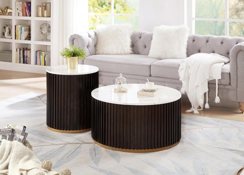 Round Wood Coffee Table with Marble Lid ＆ Hidden Storage, Modern Handcraft Drum Coffee Tables, Circle Wooden Coffee Table for Living Room, No Need Assembly(Black Brown,31x31x16 in)