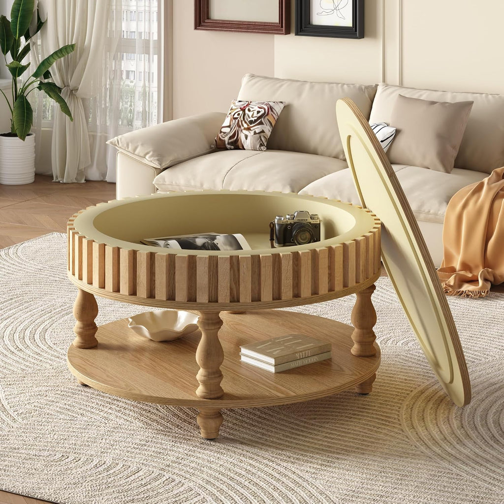 31.49'' Round Coffee Table with Storage Space, 2-Tier Modern Rustic Wood Circle Fluted Coffee Table for Living Room, Moveable Table Top & Easy Assembly, Natural