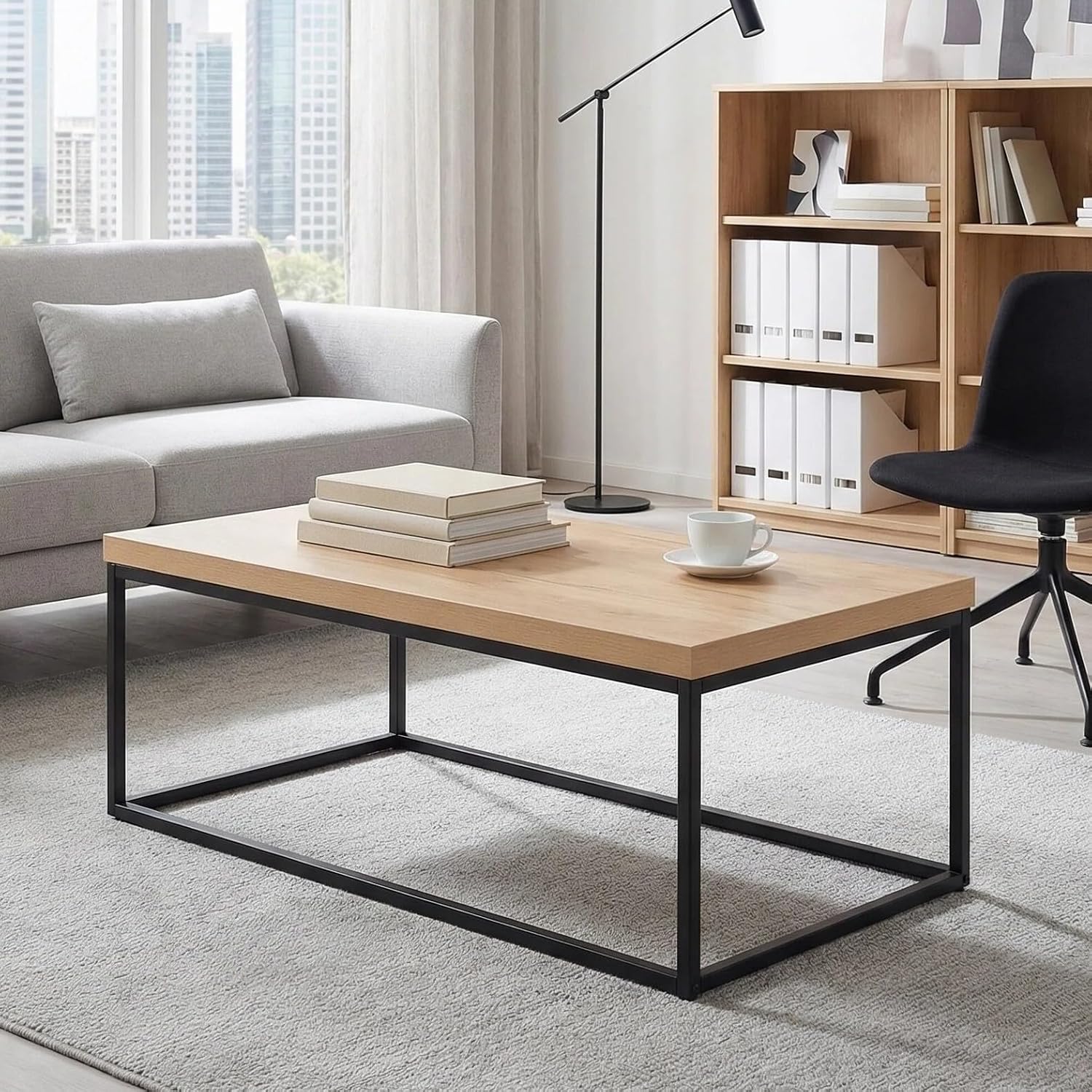 CENSI 47 Inch Oak Coffee Table for Living Room, Modern Industrial Center Table with Extra Thick 40mm Wood Top, Natural White Oak Finish, Rectangle Cocktail Table