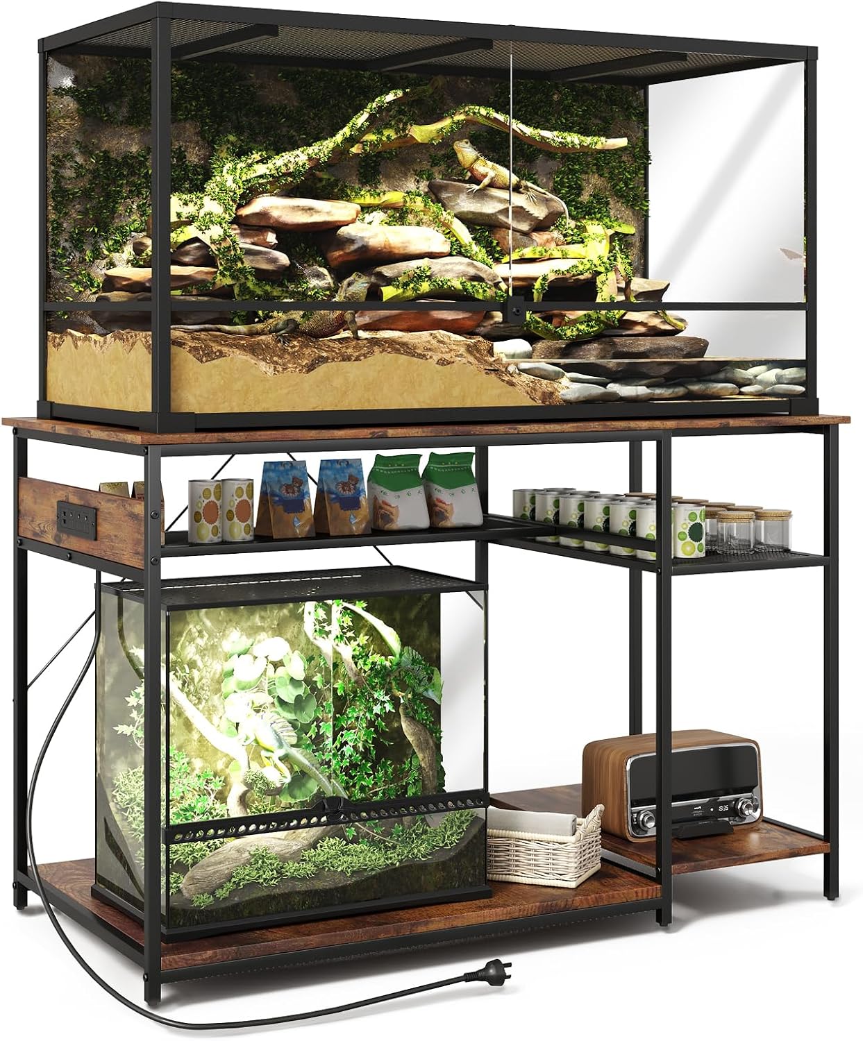 Reptile Tank Stand with Power Outlets，48' X 24' Tabletop Fits up to 120 Gallon Bearded Dragon Enclosure Stand，Double Snake Terrarium Table with Light
