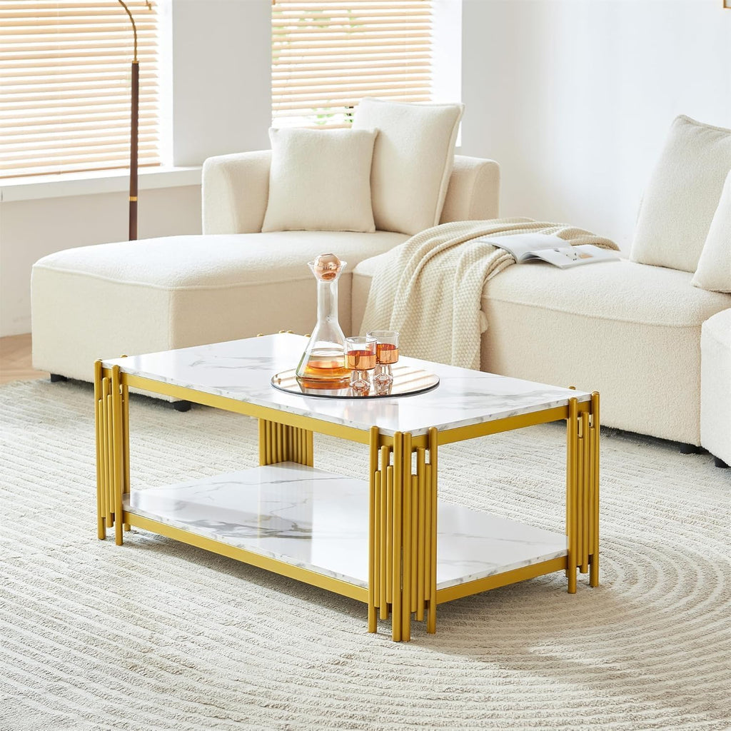 Elegant Marble Coffee Table Set of 3 White Faux Marble Coffee Table End Table Set with Gold Metal Frame 3 Piece Living Room Table Set with 1 Rectangle Coffee Table & 2 Square Side Table