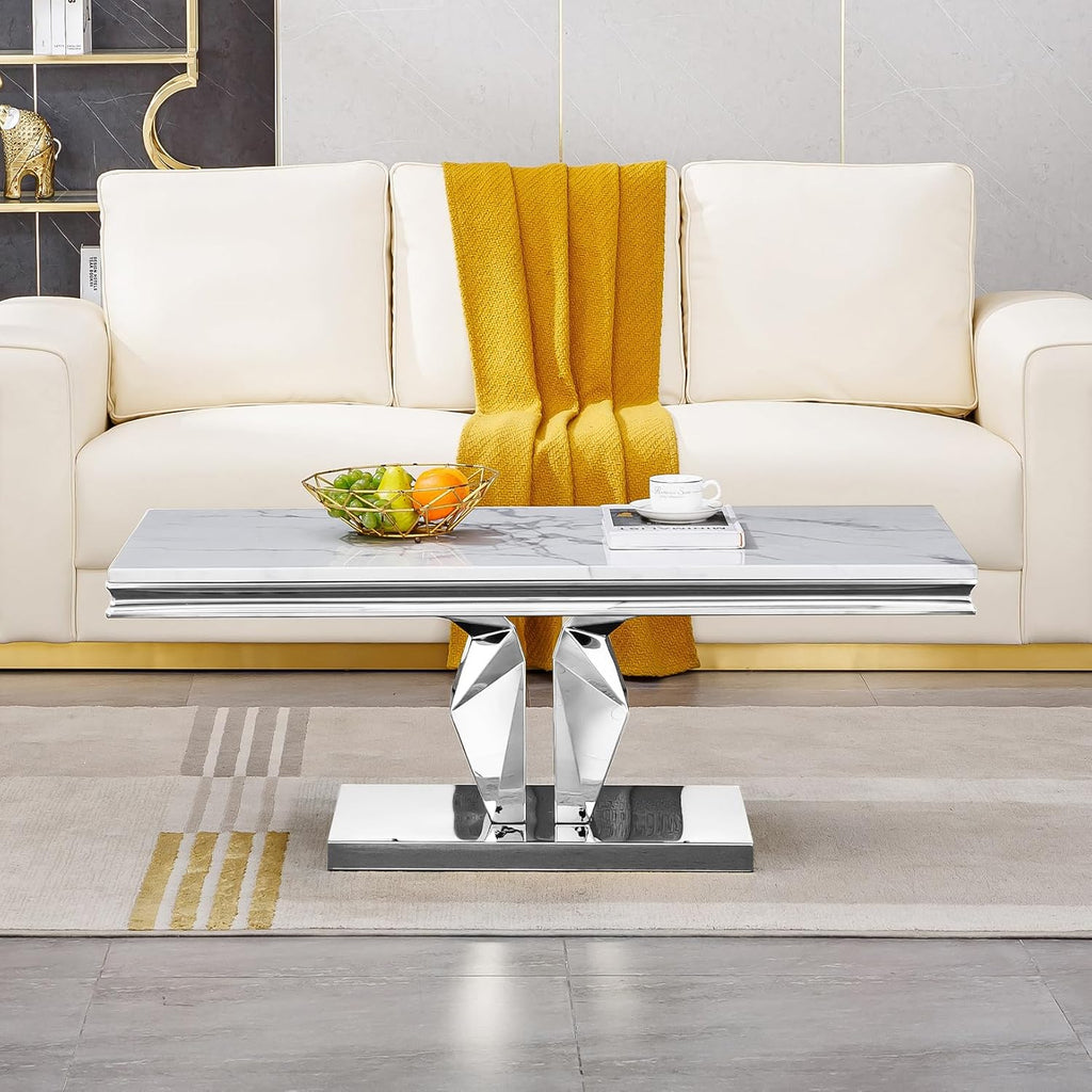 Henf 3 Piece Living Room Table Set, Faux Marble Coffee & Console & End Tables, Luxury White Gold Coffee Table Set of 3 with Mirrored Stainless Steel Base for Living Room Apartment