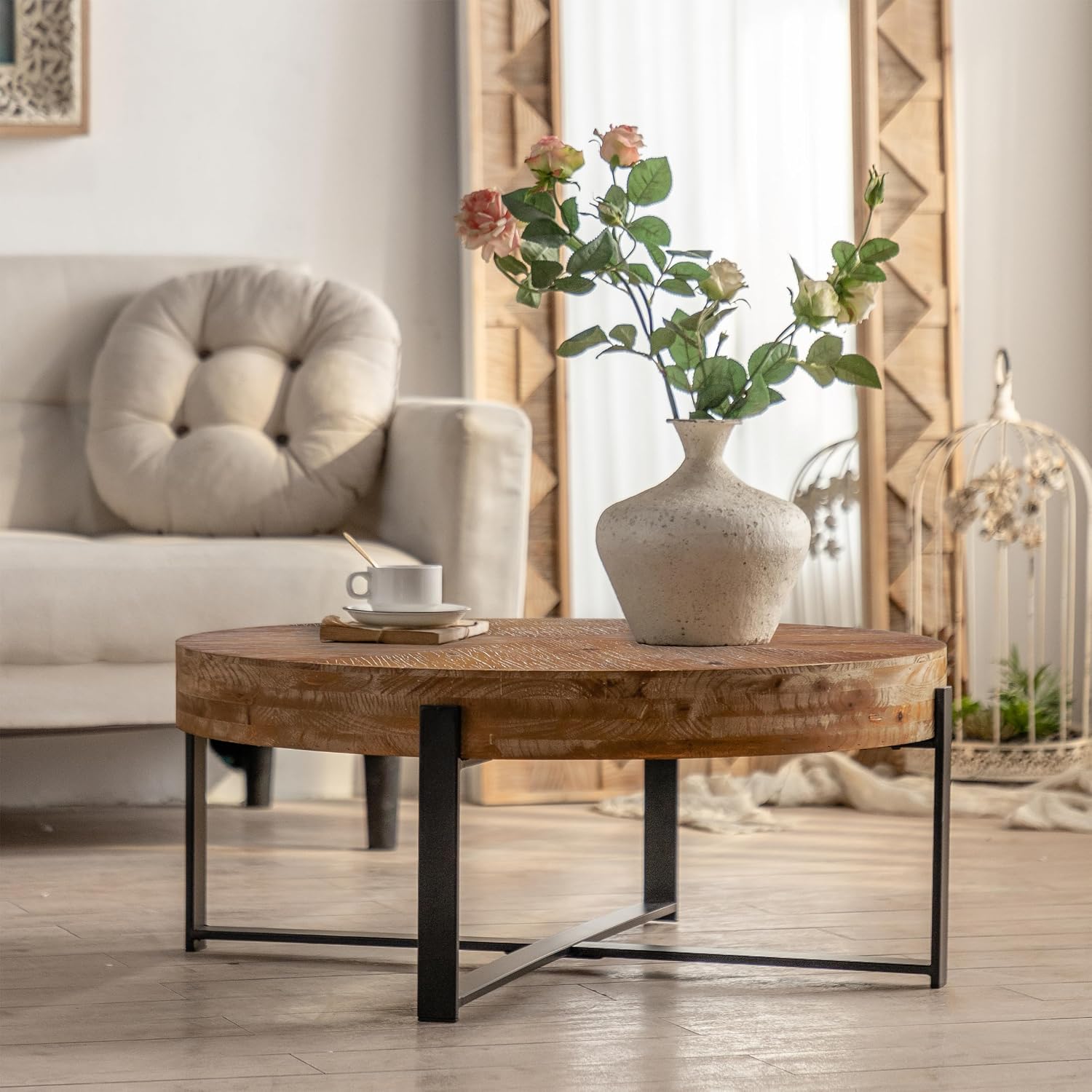 Setawix Farmhouse Round Coffee Table for Living Room, 31.29' Small Side End Table, Wood Retro Splicing Coffee Table, Modern Accent Coffee Table Entry Way Table with Black Metal Cross Leg