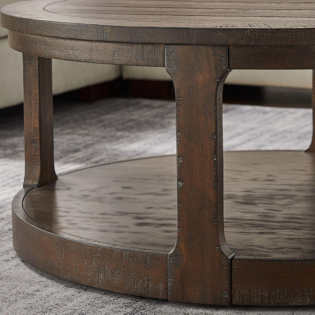 40'' Round Wood Coffee Table Circle Coffee Table with 4 Wheel for Living Room, Modern Retro Farmhouse Style, Easy Assembly, Dark Brown(ø40'' x 17.52'')