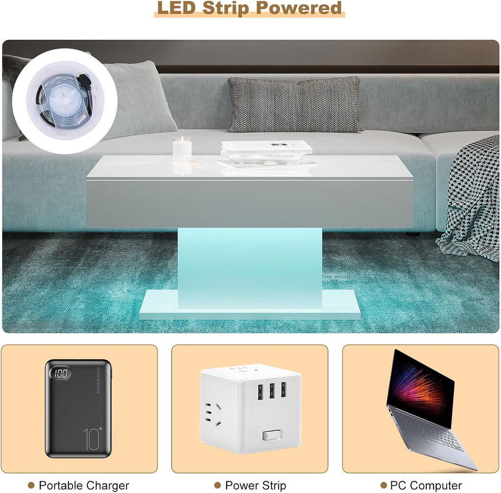 HedoAjim Led Coffee Table for Living Room, Living Room Table Rectangular Center Table, Modern High Glossy Wooden Coffee Tables with 16 Colors LED Lights for Dining Reception Room, White