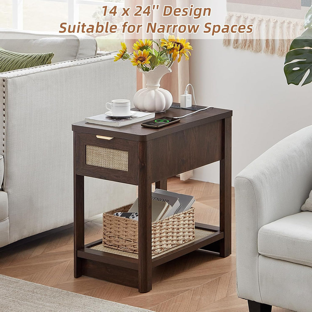 Lerliuo Boho Coffee Table Set of 3, Rattan Coffee and End Table Sets with Charging Station, Living Room Table Set with Open Shelf for Living Room, Walnut