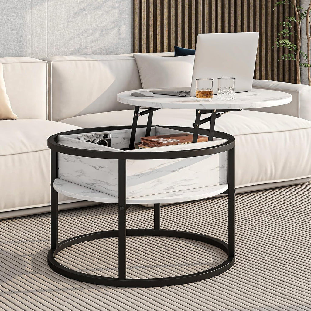 HOJINLINERO Round Coffee Table with Storage, Lift Top Coffee Table with Hidden Compartment, Farmhouse Juxing Design for Living Room, 2-Tier Small Round Dining Center, White
