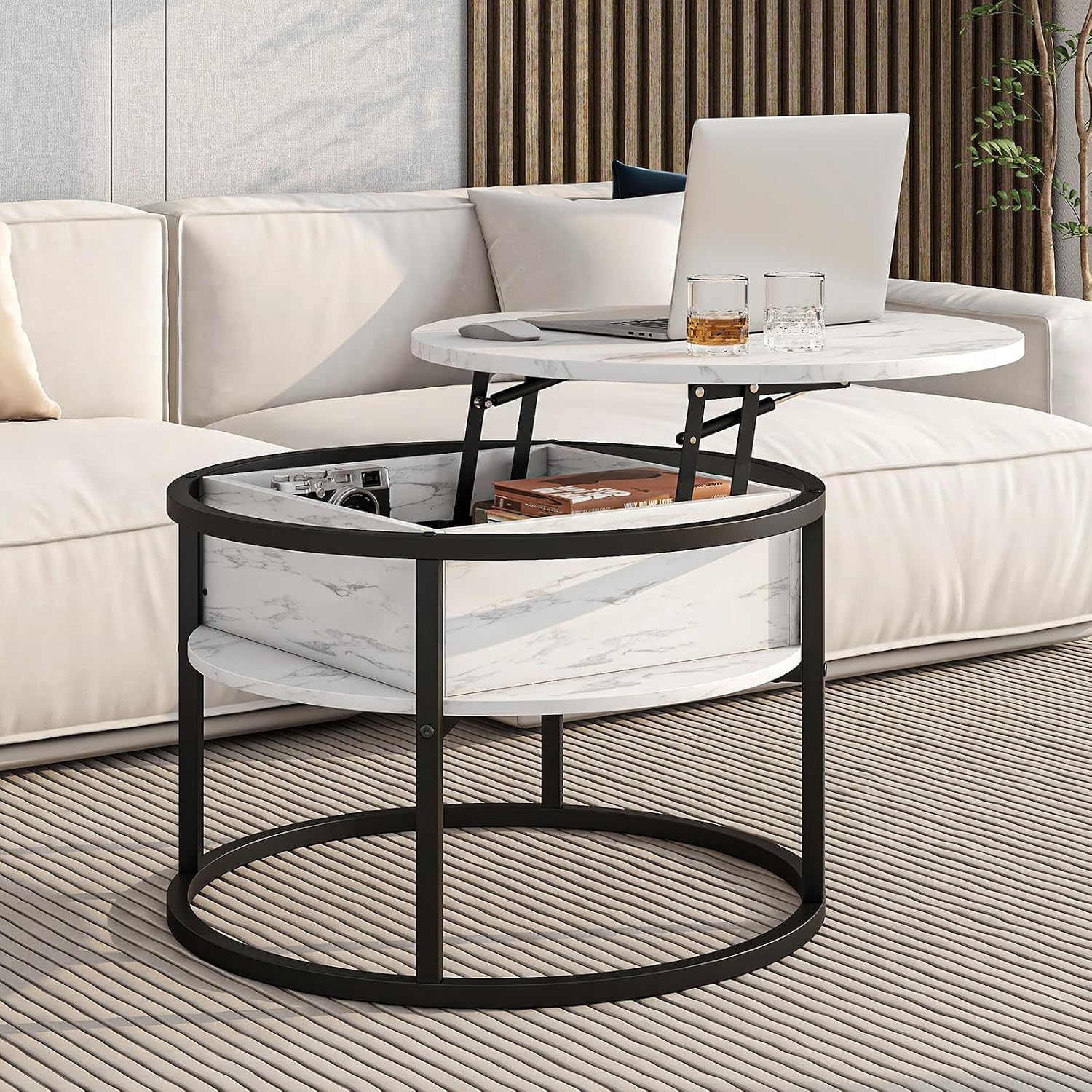 HOJINLINERO Round Coffee Table with Storage, Lift Top Coffee Table with Hidden Compartment, Farmhouse Juxing Design for Living Room, 2-Tier Small Round Dining Center, White