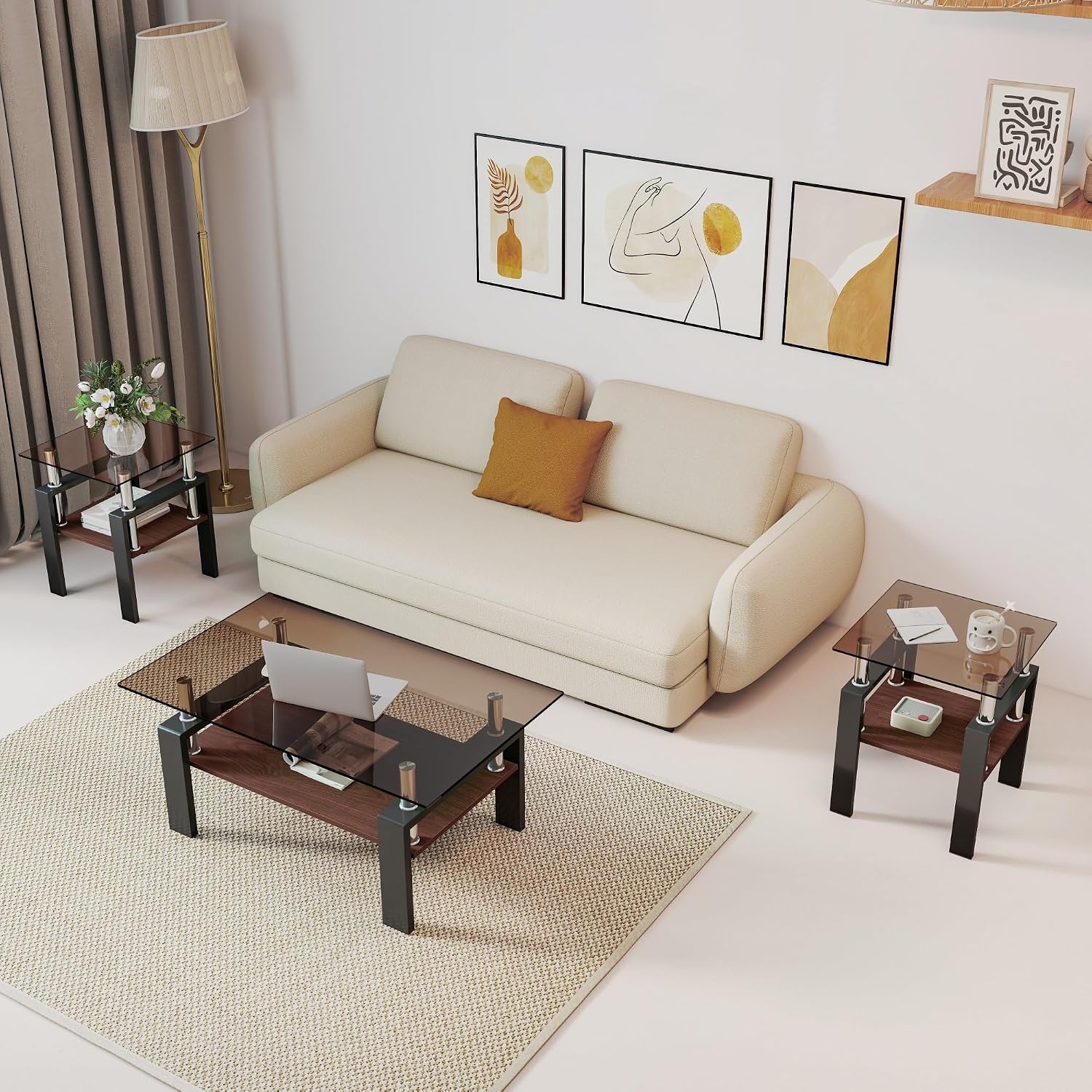 Glass Coffee Table Sets of 3 for Living Room, Mordern End Tables with Storage, Walnut Wooden Shelves & Black Metal Leg, Rectangle Center Table for Small Space Apartment (Brown+Black)