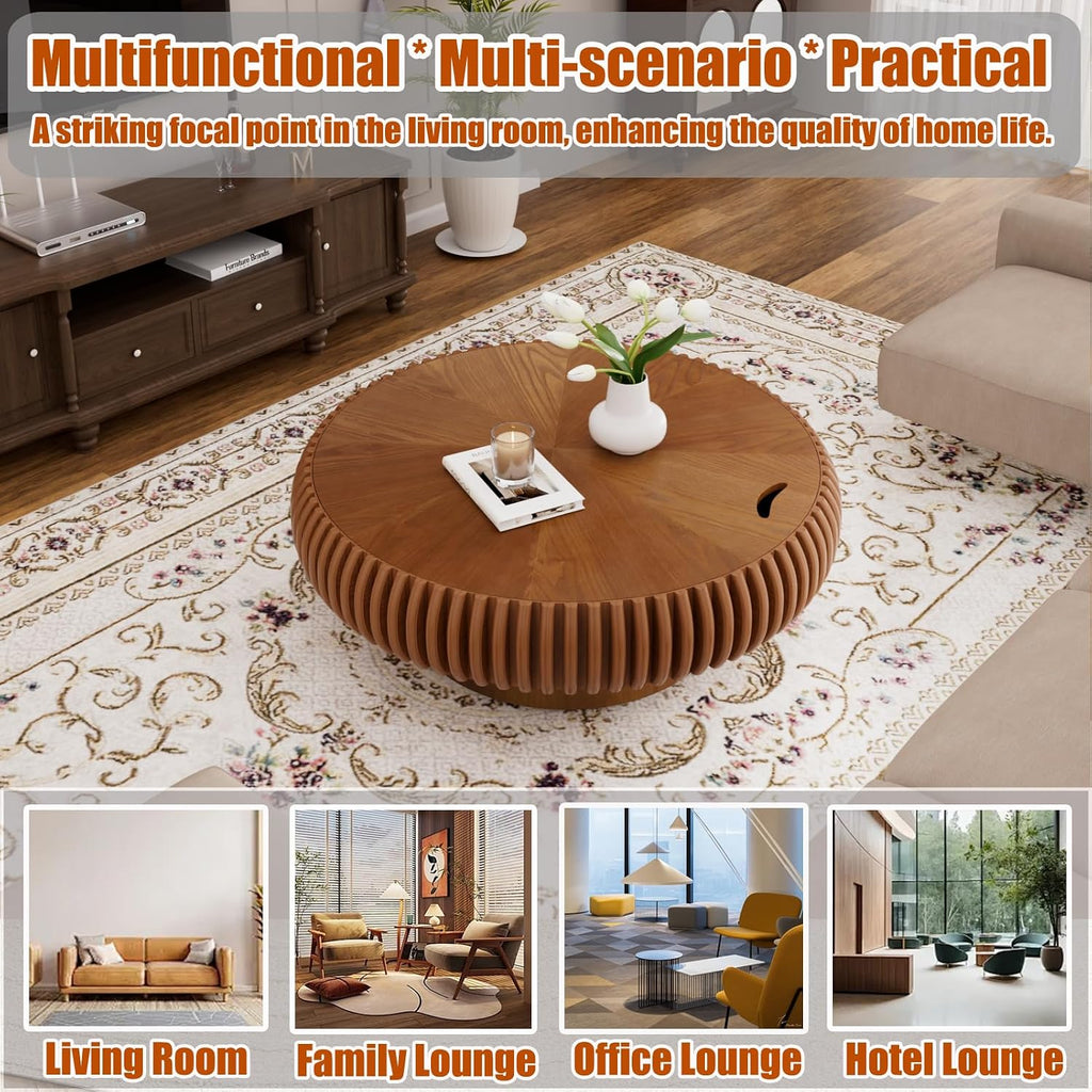 39.37'' Round Drum Coffee Table with Hidden Storage, Modern Fluted Coffee Tables with Solid Wood Veneer, Wooden Circle Center Table for Living Room, Small Spaces, and Apartments, Easy Assembly