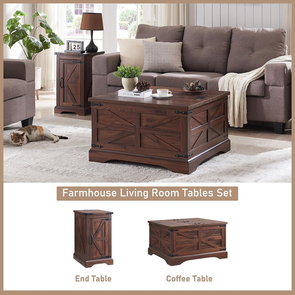 JXQTLINGMU Farmhouse Nightstand Set of 2 with Charging Station, 17' D Rectangular End Table with Barn Door & Adjustable Storage Shelf, Wood Rustic Sofa Side Table for Living Room, Bedroom, Brown