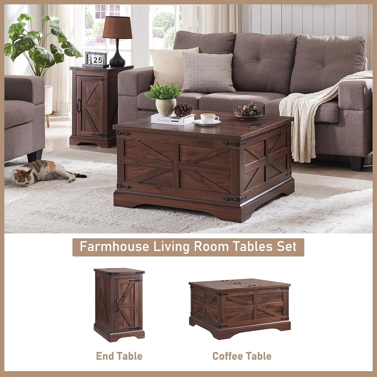 JXQTLINGMU Farmhouse Nightstand Set of 2 with Charging Station, 17' D Rectangular End Table with Barn Door & Adjustable Storage Shelf, Wood Rustic Sofa Side Table for Living Room, Bedroom, Brown