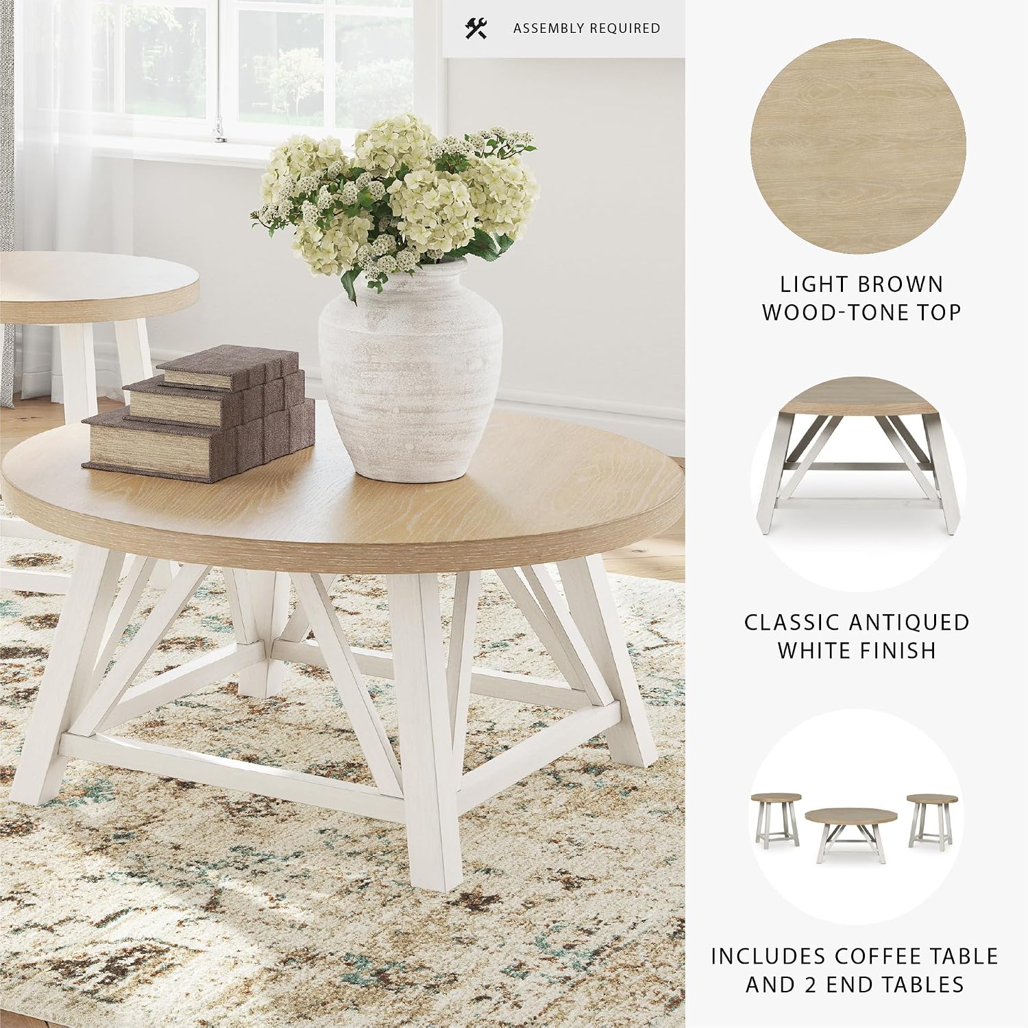 Signature Design by Ashley Fawndell Casual Table with Antiqued Finish, Set of 3, White & Light Brown