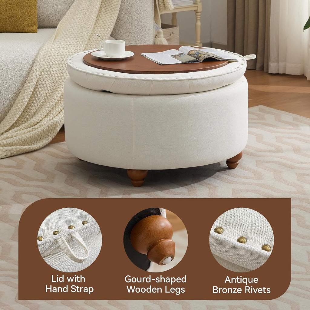 WUTUTUEE 30Inch Round Storage Ottoman with Tray, Modern Tufted Fabric Circle Coffee Table with Storage, Upholstered Ottoman with Removable Top for Living Room, Bedroom, Beige