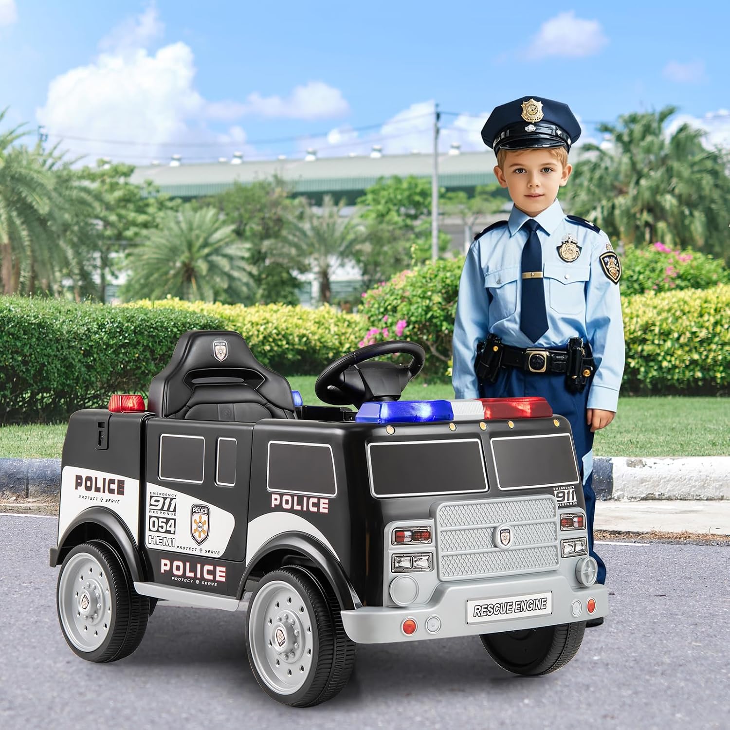 Costzon Ride on Police Car, 12V Battery Powered Electric Cop Cars for Kids w/3 Speeds, Megaphone, Music, FM Radio, Flashing Lights, Sirens, Ride on Toy w/Remote Control for Boys Girls 3+(Police Truck)