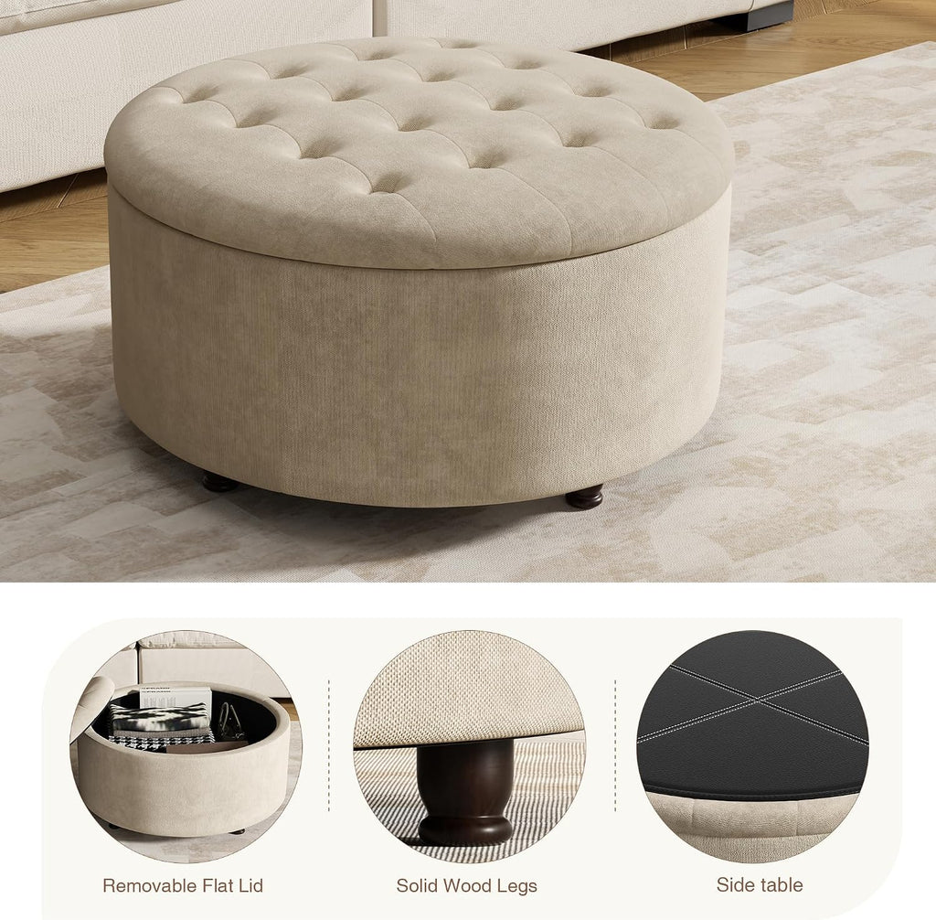 30 Inch Round Storage Ottoman,Modern Tufted Ottomans,Circular Coffee Table with Removable Top,Upholstered Large Ottoman with Storage Footrest Stool for Bedroom Living Room (Lightbrown)