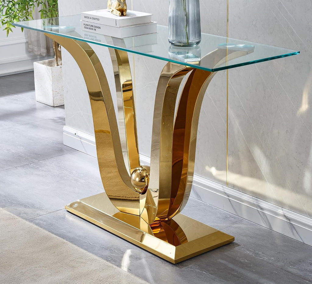 SSLine 1 Piece Living Room Console Table Luxury Glass Entryway Table, Modern Gold Console Table with Flower-Shape Stainless Steel Pedestal Base for Living Room Hallway Corridor(1 Console Table)