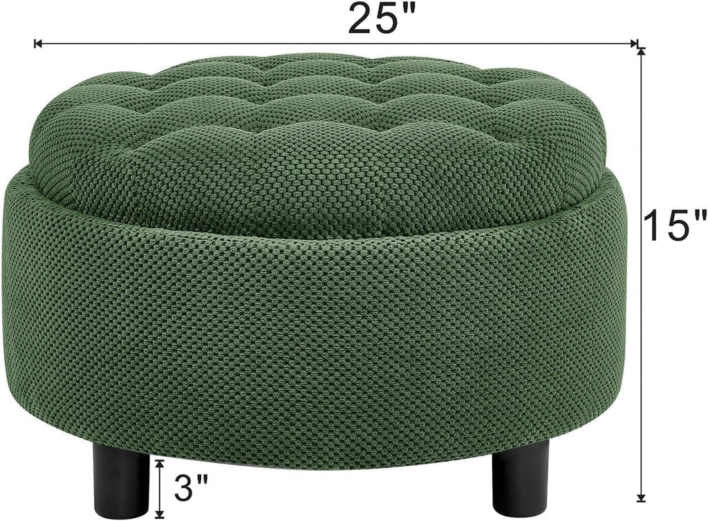 Round Storage Ottoman with Reversible Tray Lid, 25' Upholstered Button Tufted Coffee Table with Storage Foot Rest Stool for Living Room, Bedroom, Entryway, Green