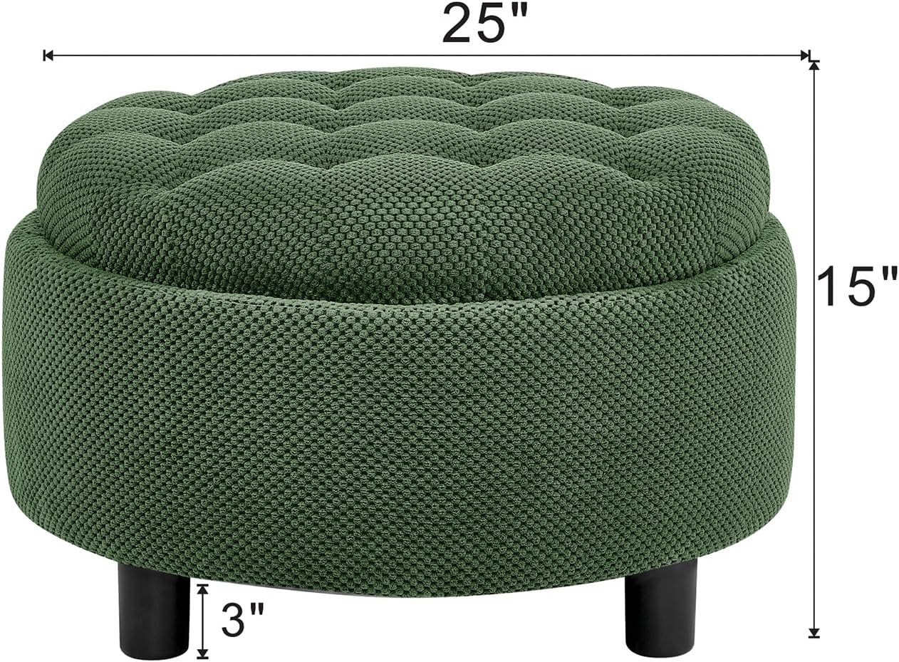 Round Storage Ottoman with Reversible Tray Lid, 25' Upholstered Button Tufted Coffee Table with Storage Foot Rest Stool for Living Room, Bedroom, Entryway, Green