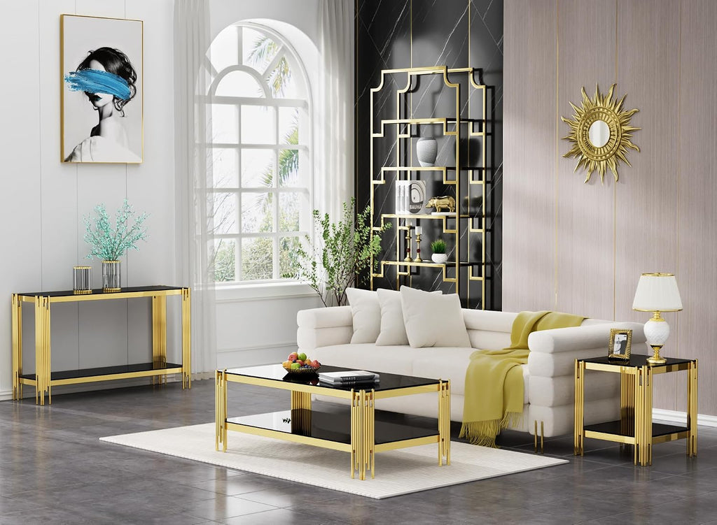 Modern Black Glass Console Table, Luxury 55' Rectangular Sofa Table with Gold Stainless Steel Frame, 2-Tier Console Entryway Table with Storage for Living Room Entrance Hallway