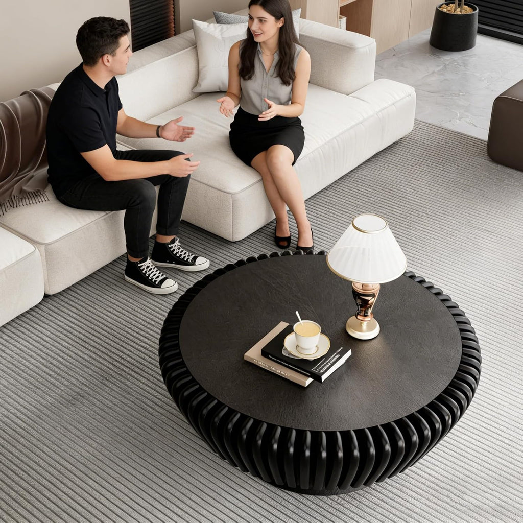 Round Fluted Coffee Table with Storage, 35.4' Wooden Drum Coffee Table, Modern Circle Center Accent Furniture, Tea Table for Living Room Apartment Small Space (Black, 35.4' with Storage)