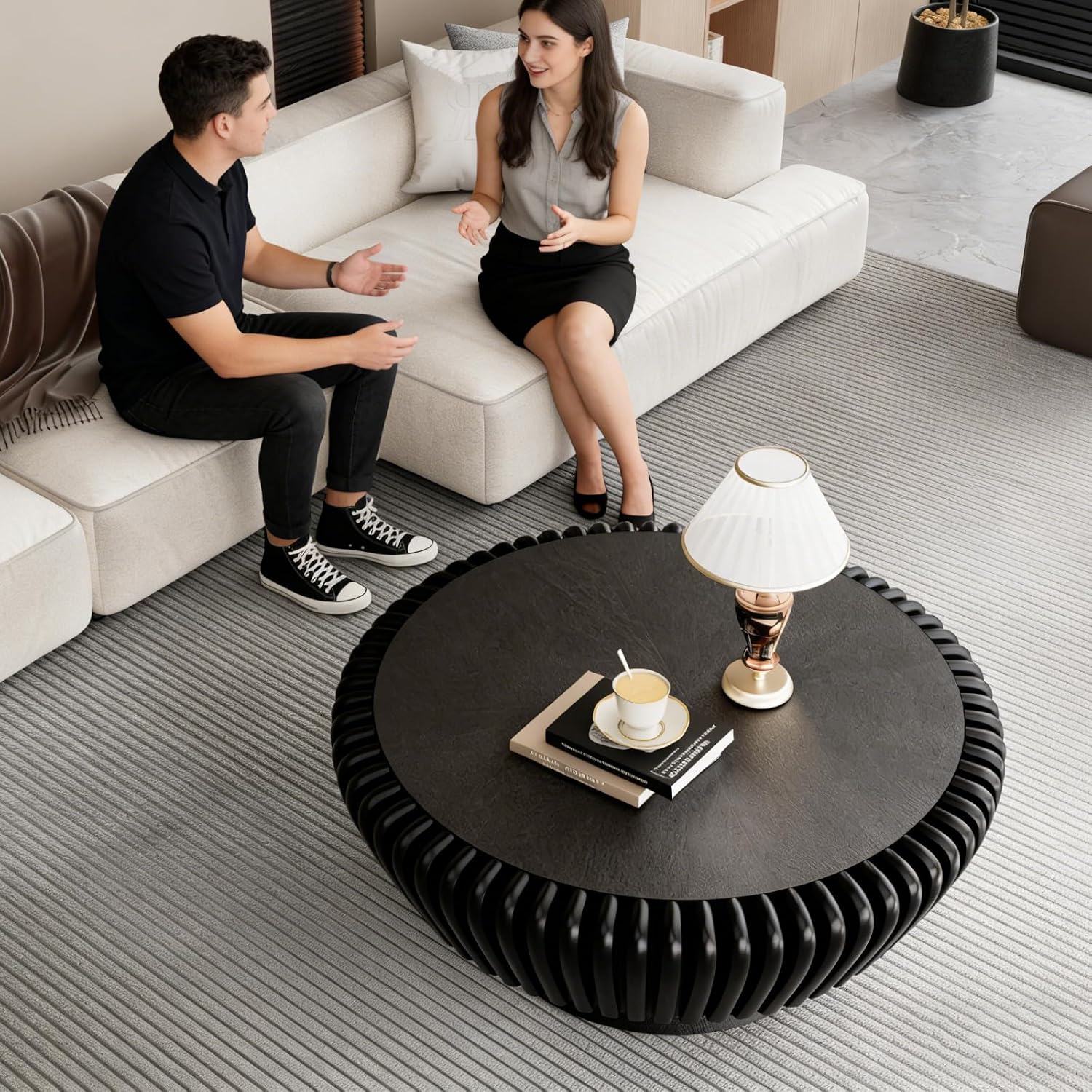 Round Fluted Coffee Table with Storage, 35.4' Wooden Drum Coffee Table, Modern Circle Center Accent Furniture, Tea Table for Living Room Apartment Small Space (Black, 35.4' with Storage)