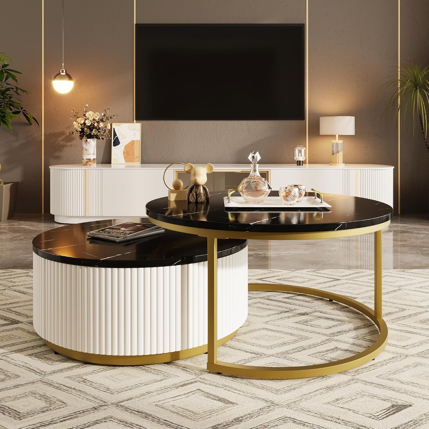 Lift Top Nesting Coffee Table Set of 2, 31.5' Modern Round Coffee Table with Drawer, Circular Wood Center Table Set for Living Room, Apartment, Black & Gold